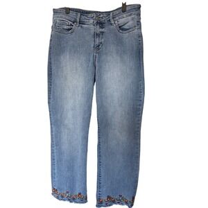 NYDJ Marilyn Straight Jeans Womens Blue Embroidered Frayed Hem Cropped Size 12